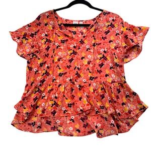 GAP Floral Ruffle Top‎ Blouse Flutter Sleeve Coral Pink Casual Cute M